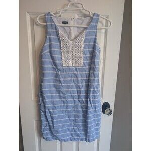 Talbots 10 Linen Cotton Shift Dress Seaside Stripe Crochet V Neck Beach Spring
